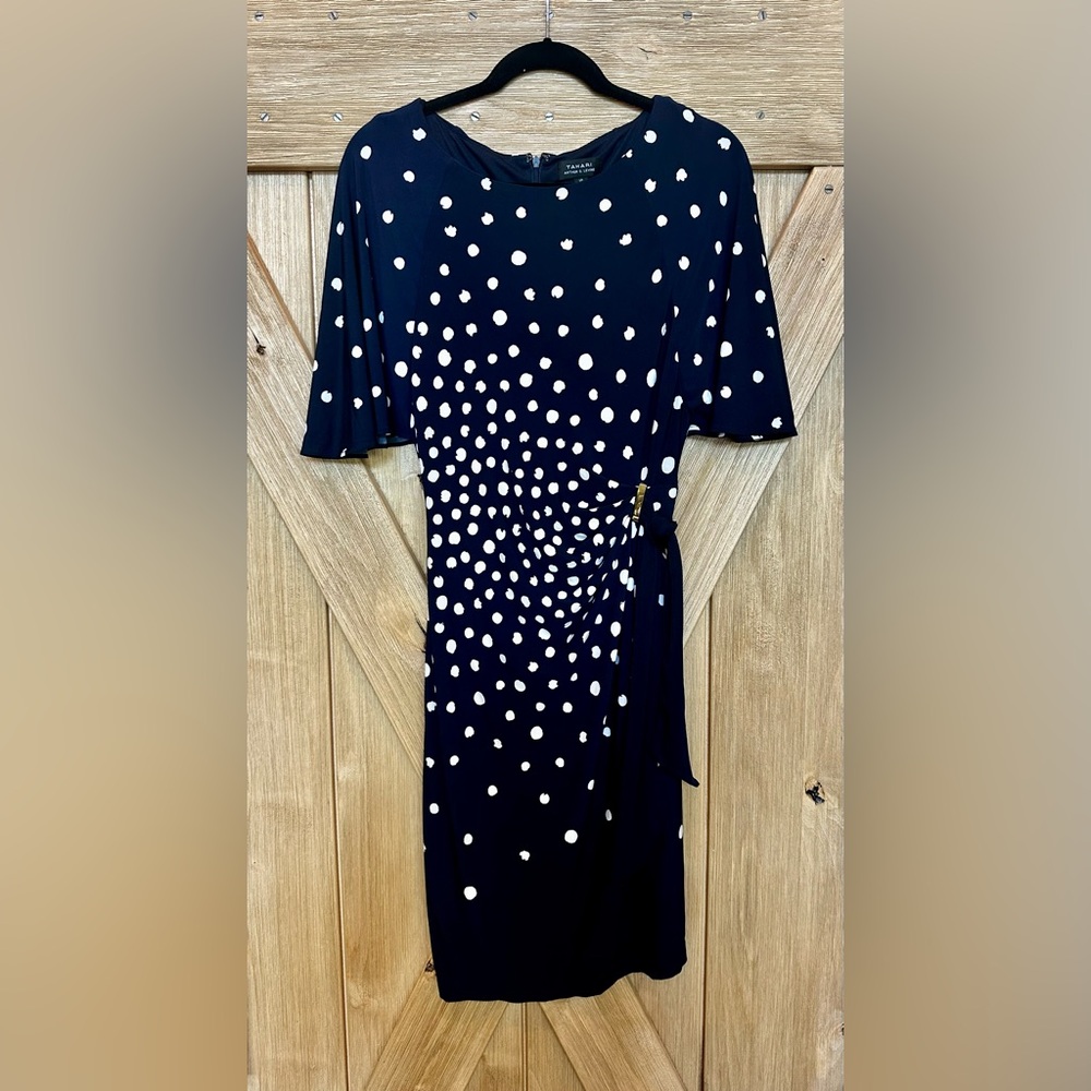 Tahari ASL Navy and White Polka Dot Midi Dress